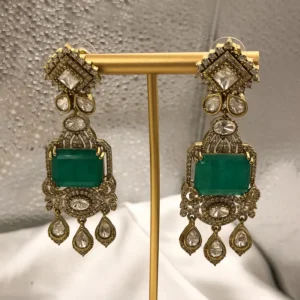 Antique Finish Kundan Emerald Drop Earrings - Image 3