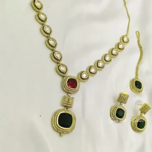 Alternative view of Kundan Necklace in Red & Green stones