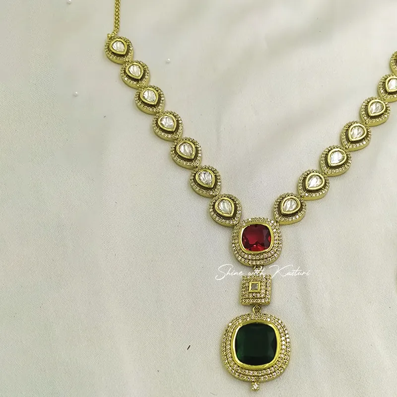 Kundan Necklace in Red & Green stones - Image 4