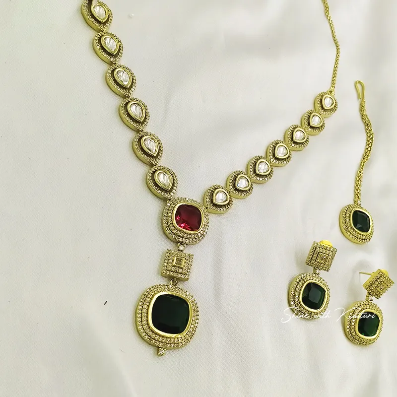 Kundan Necklace in Red & Green stones - Image 2