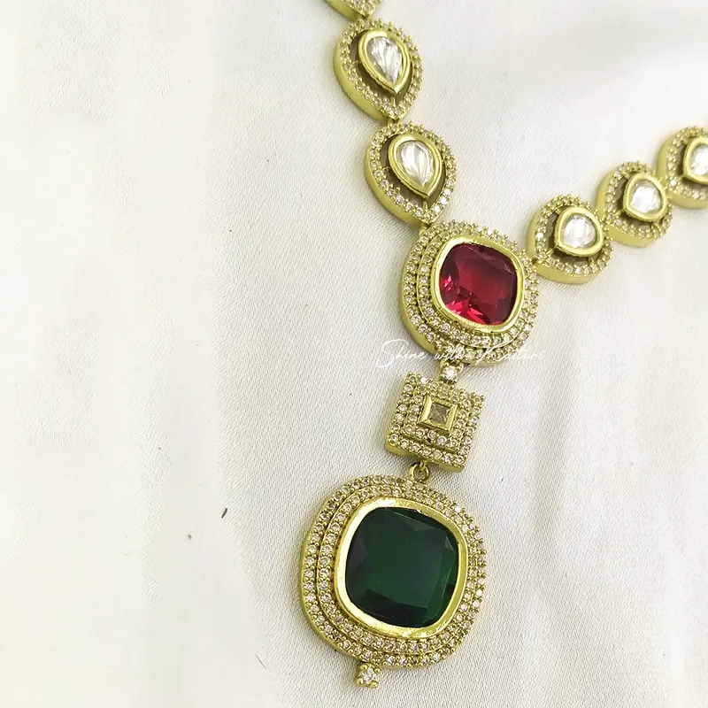 Kundan Necklace in Red & Green stones - Image 3