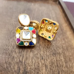 Multicolour Kundan Inspired Statement Earrings - Image 3