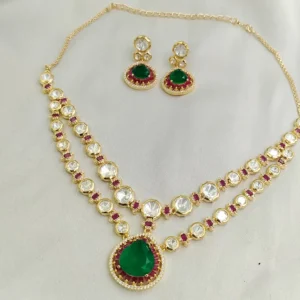 Alternative view of Green Ruby Kundan Teardrop Necklace Set