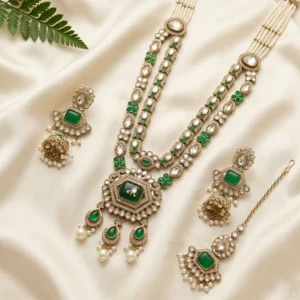 Layered Kundan Necklace with Maang Tikka, Green