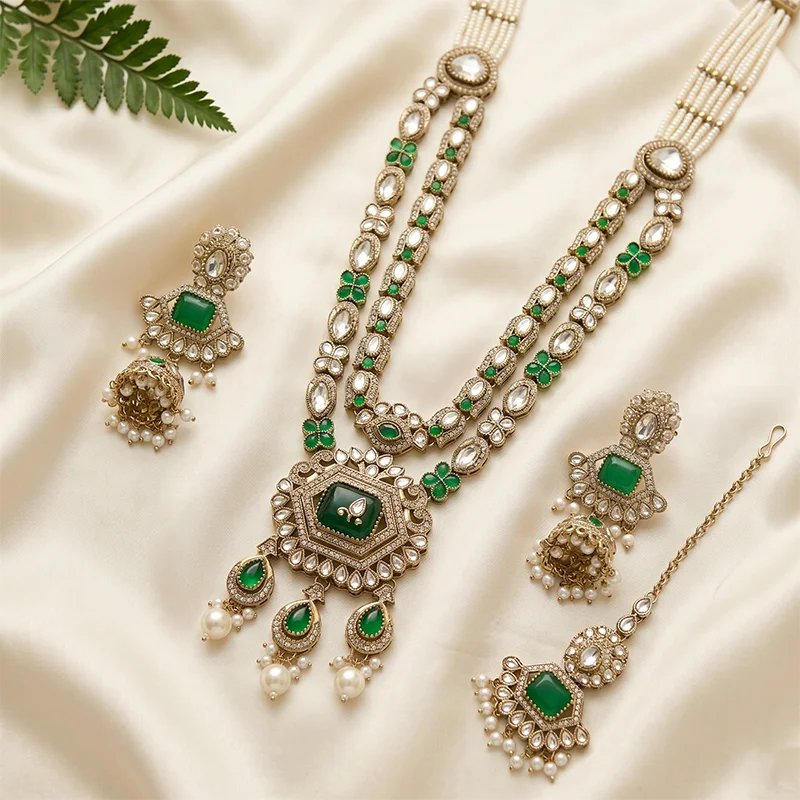 Layered Kundan Necklace with Maang Tikka, Green