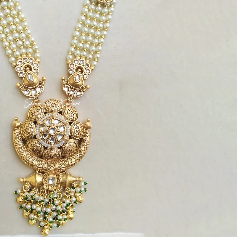 Layered Pearl Long Necklace with Gold Accents - Image 3