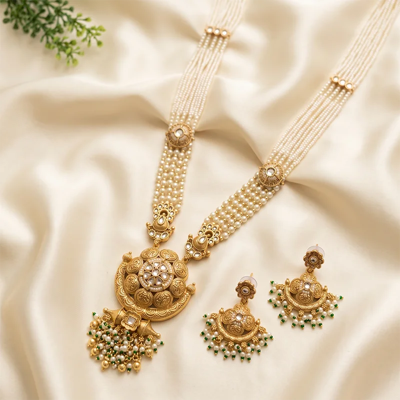 Layered Pearl Long Necklace with Gold Accents