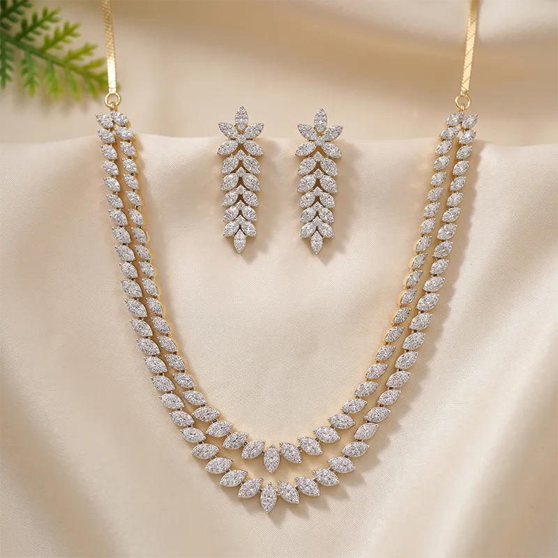 Layered American Diamond Leaf Cut Necklace