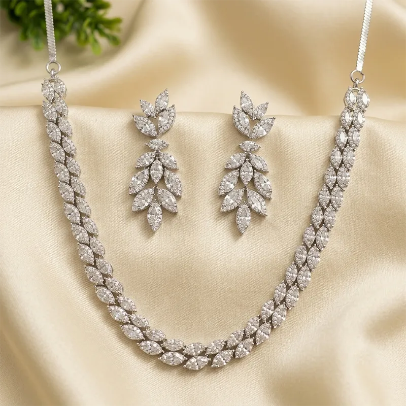 Luxury Marquise Cut CZ Leaf Necklace Set - Image 2