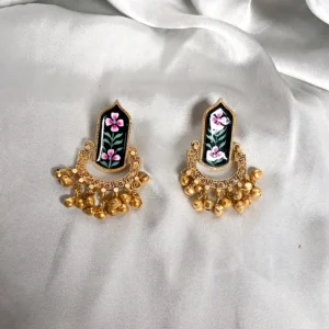 Floral Meenakari Ghungroo Statement Earrings, Black - Image 2