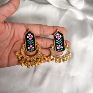 Floral Meenakari Ghungroo Statement Earrings, Black - Image 3