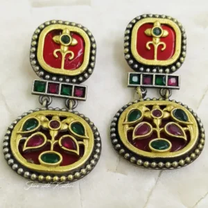 Meenakari Oxidised Choker Set with Earrings, Multi - Image 4