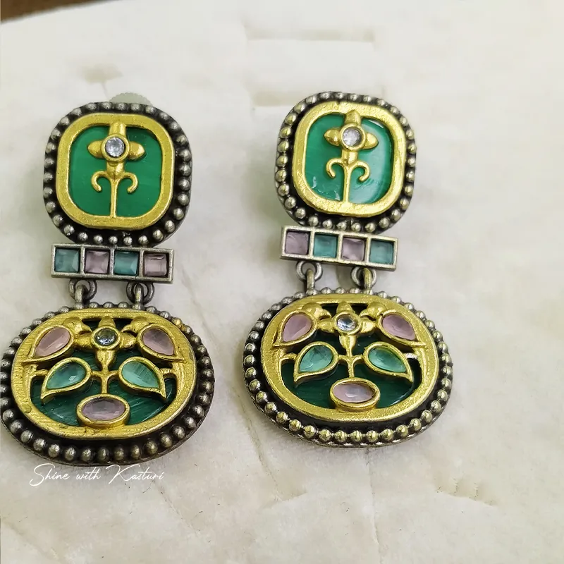 Meenakari Oxidised Choker Set with Earrings, Green - Image 4