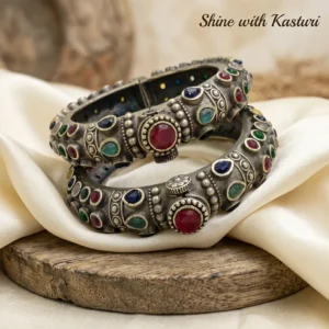 Oxidised Kundan Openable Bangle with Red Stone