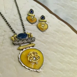 Alternative view of Oxidised Silver Long Necklace, Engraved Stone Pendant Yellow