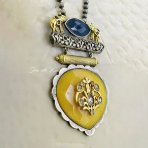Oxidised Silver Long Necklace, Engraved Stone Pendant Yellow - Image 3