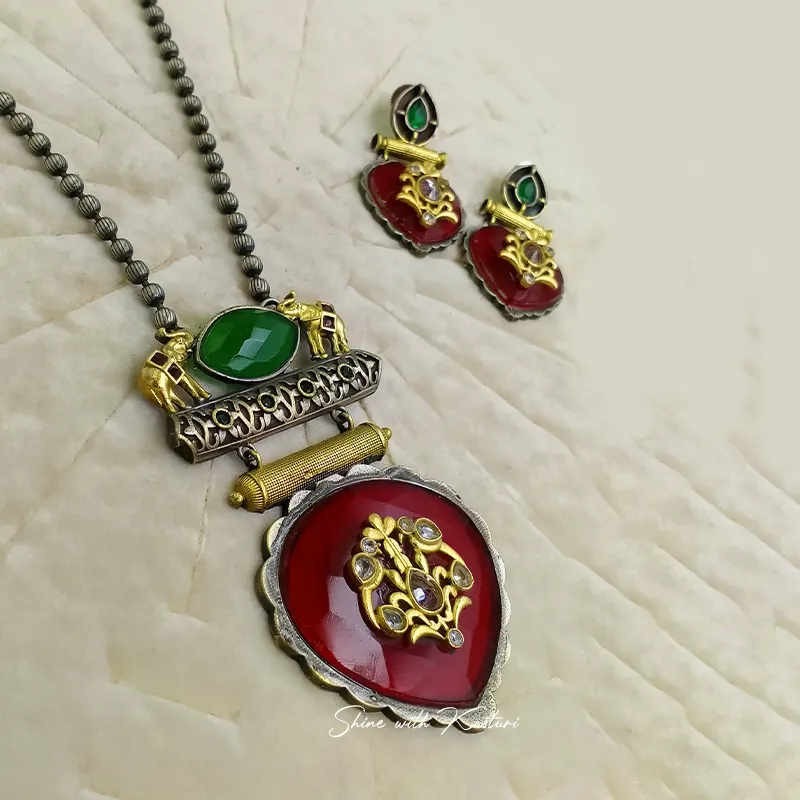 Oxidised Silver Long Necklace, Engraved Stone Pendant Red - Image 2