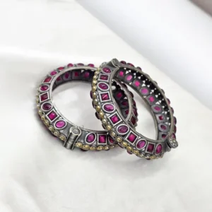 Boho Oxidised Silver Kundan Bangle Set & Stones - Image 4