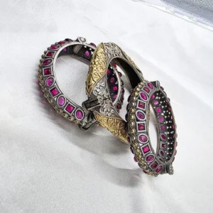 Alternative view of Boho Oxidised Silver Kundan Bangle Set & Stones