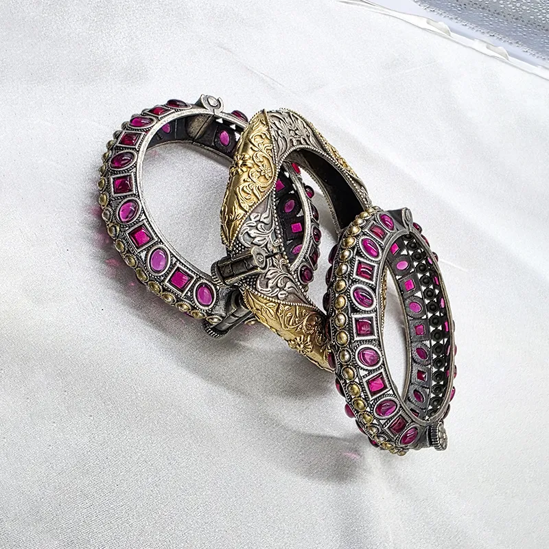 Boho Oxidised Silver Kundan Bangle Set & Stones - Image 2