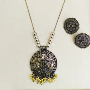 Alternative view of Peacock Oxidised Pendant Necklace Set with Stud Earrings