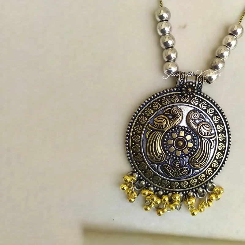 Peacock Oxidised Pendant Necklace Set with Stud Earrings - Image 3