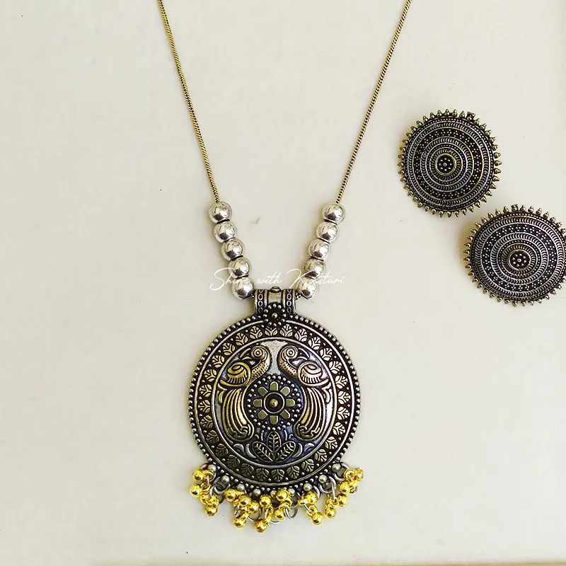 Peacock Oxidised Pendant Necklace Set with Stud Earrings - Image 2