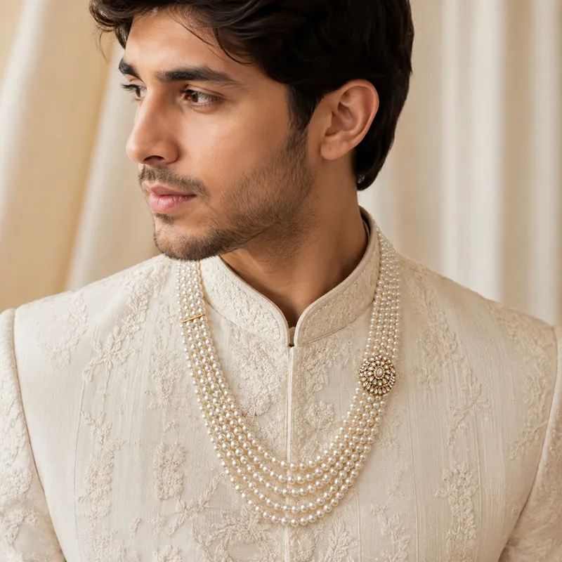 Pearl Cascade Kundan Necklace for Groom - Image 2