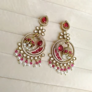 Royal Pearl Chandbali Statement Earrings, Ruby - Image 3