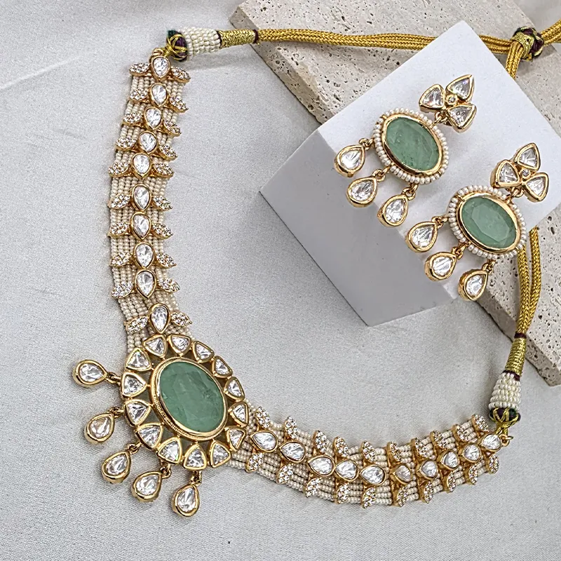 Pearl Kundan Choker Necklace Set, Green - Image 2