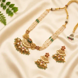 Alternative view of Green & White Pearls & Kundan Necklace