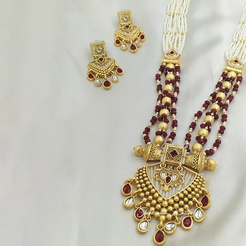 Ruby Pearl Long Necklace with Gold Pendant - Image 2