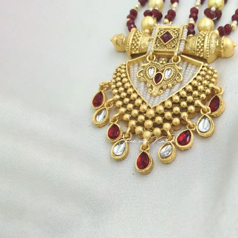 Ruby Pearl Long Necklace with Gold Pendant - Image 3