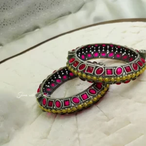 Boho Oxidised Silver Kundan Bangle Set & Stones - Image 5