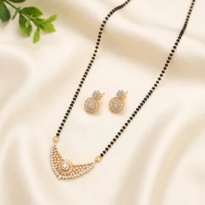 Radiant Crescent CZ Mangalsutra Set with Floral Stud Earrings