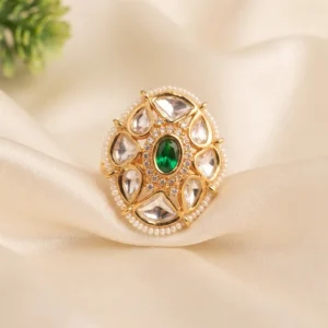 Royal Green Kundan Statement Ring with Pearl Border