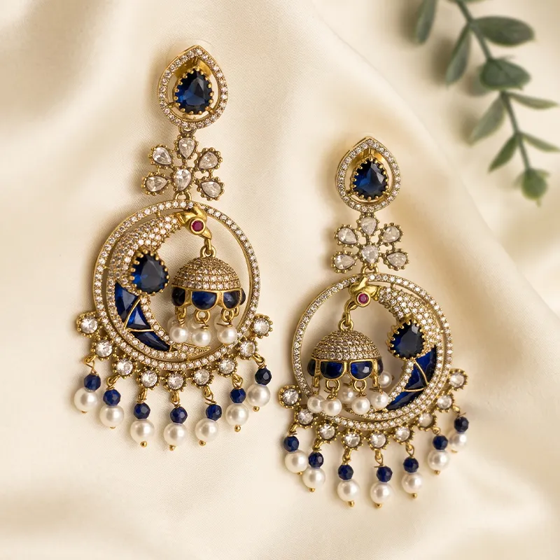 Royal Pearl Chandbali Statement Earrings, Blue