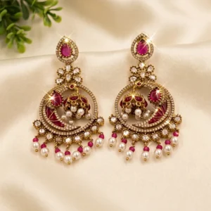 Royal Pearl Chandbali Statement Earrings, Ruby