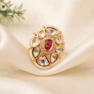 Royal Ruby Kundan Statement Ring with Pearl Border