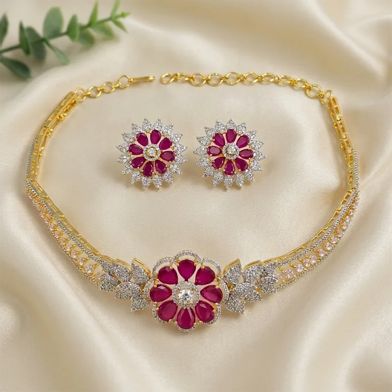 Ruby Floral CZ Choker Necklace with Stud Earrings