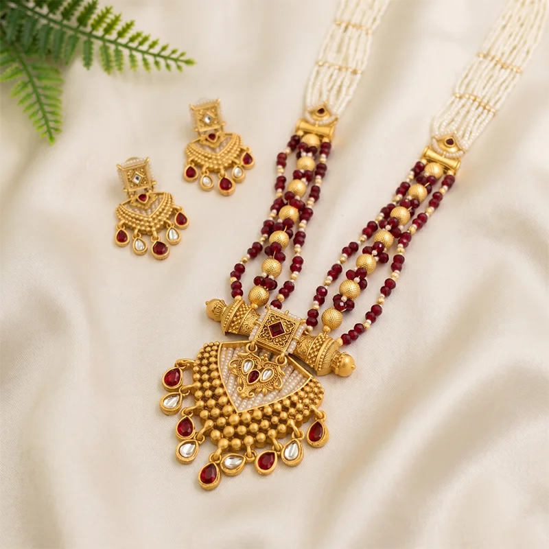 Ruby Pearl Long Necklace with Gold Pendant