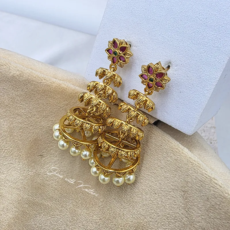 Layered Pearl Jhumka Earrings, Ruby - Image 2