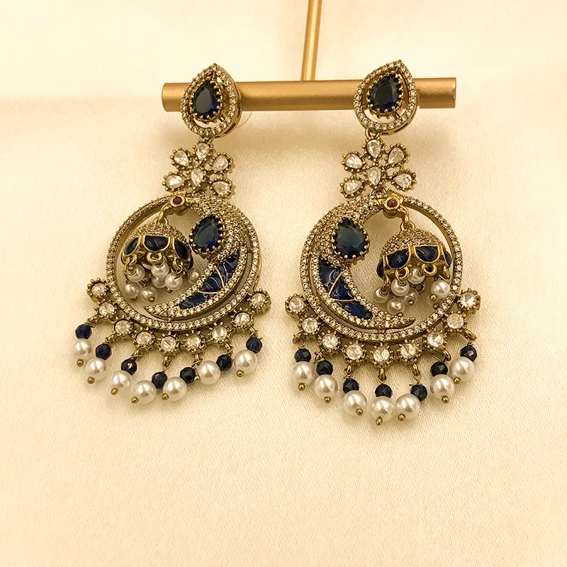 Royal Pearl Chandbali Statement Earrings, Blue - Image 2
