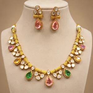 Alternative view of Smita Choker Set with Premium Polki Stone, Mint Pink