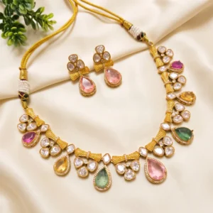 Smita Choker Set with Premium Polki Stone, Mint Pink