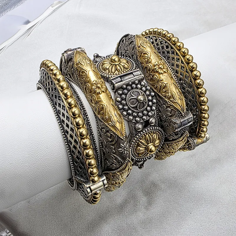 Stylish Dual Tone Oxidised Silver Bangle Set of 5 - Image 2