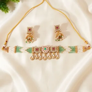 Elegant Pearl & Kundan Choker Set with Jhumkis