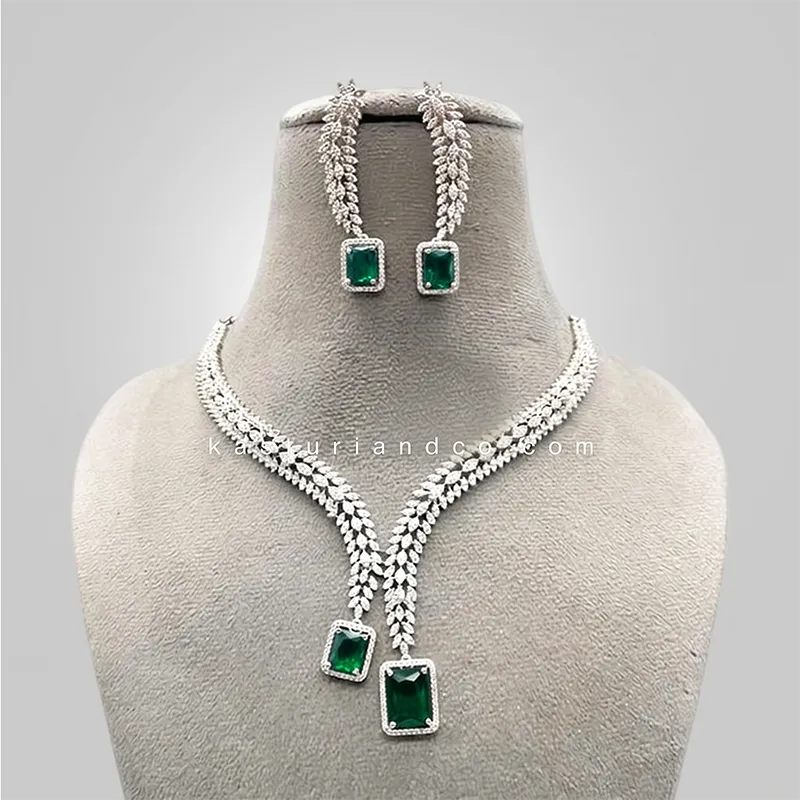 Minu Cubic Zirconia Y-Necklace, Green & Silver - Image 4