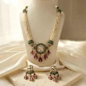 Emerald Pearl Rani Haar Necklace Set with Teardrop Stones - Image 3