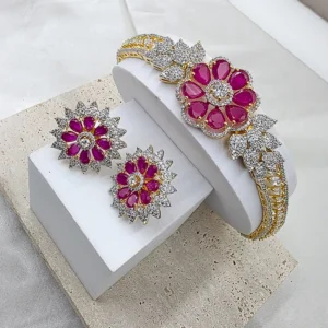 Alternative view of Ruby Floral CZ Choker Necklace with Stud Earrings